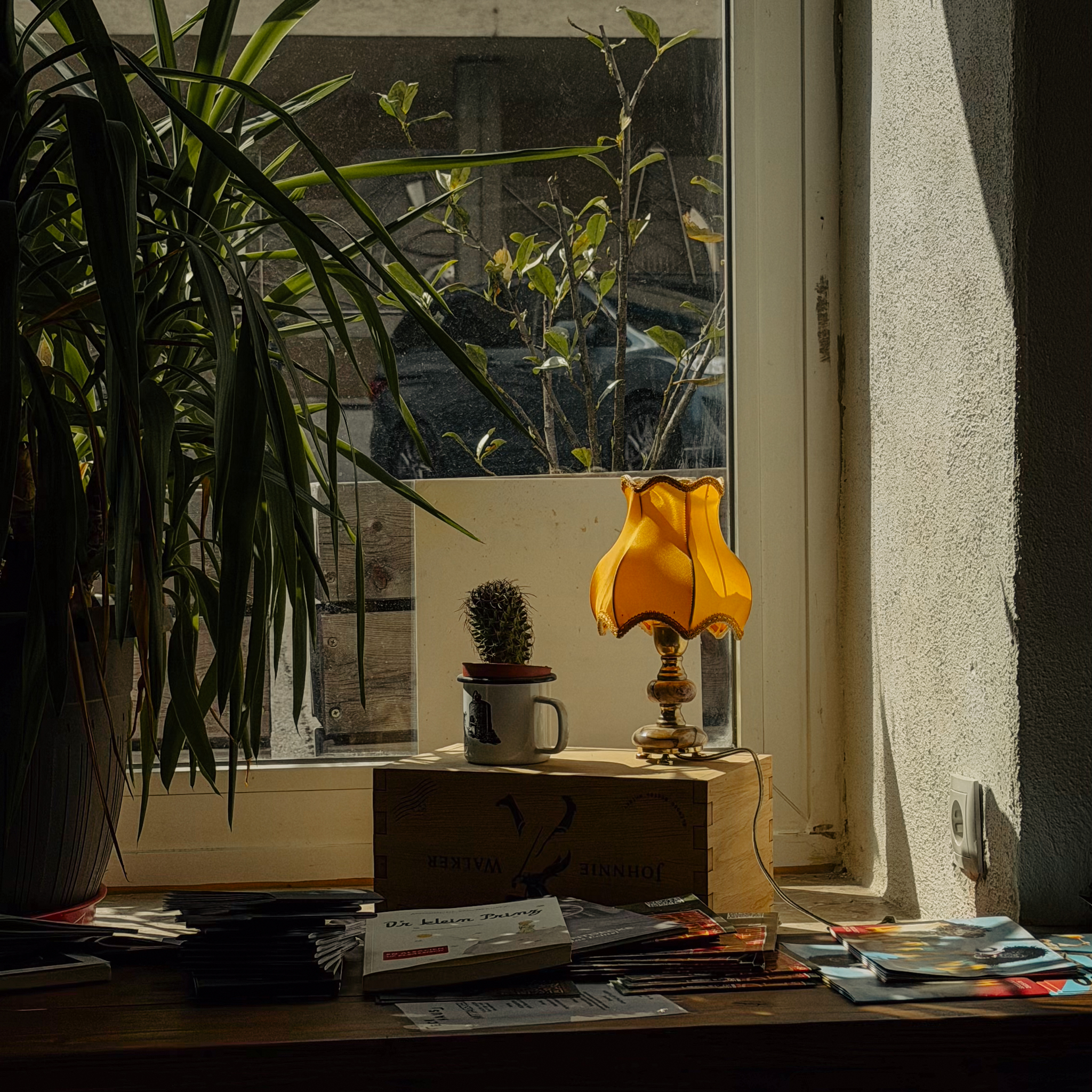 Gemütliches Detail – Vintage-Lampe und Pflanzen am Fenster
